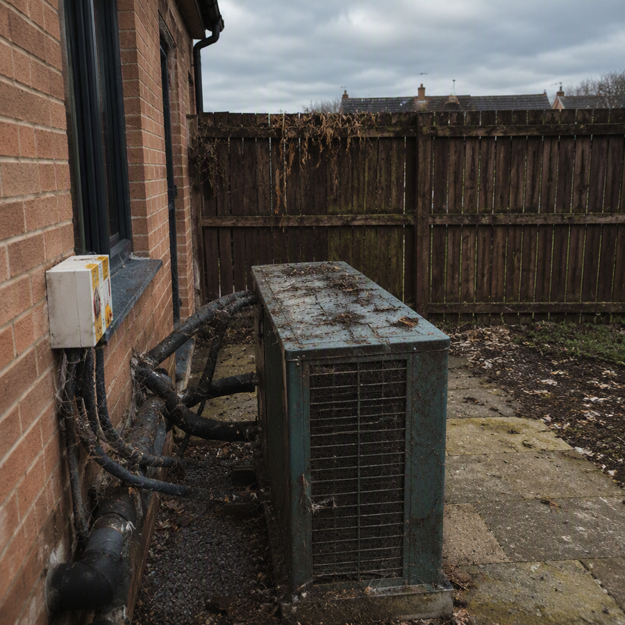 Bulky air source heat pump outdoor unit bolted to the side of a house