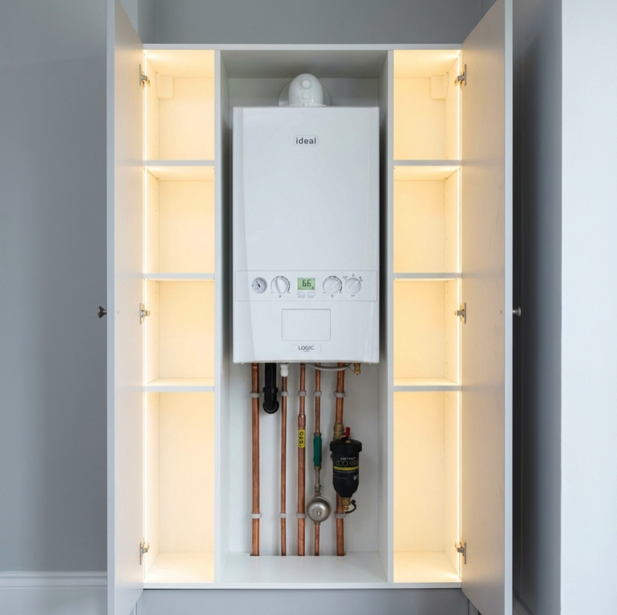 Clean modern gas combi boiler installed neatly indoors